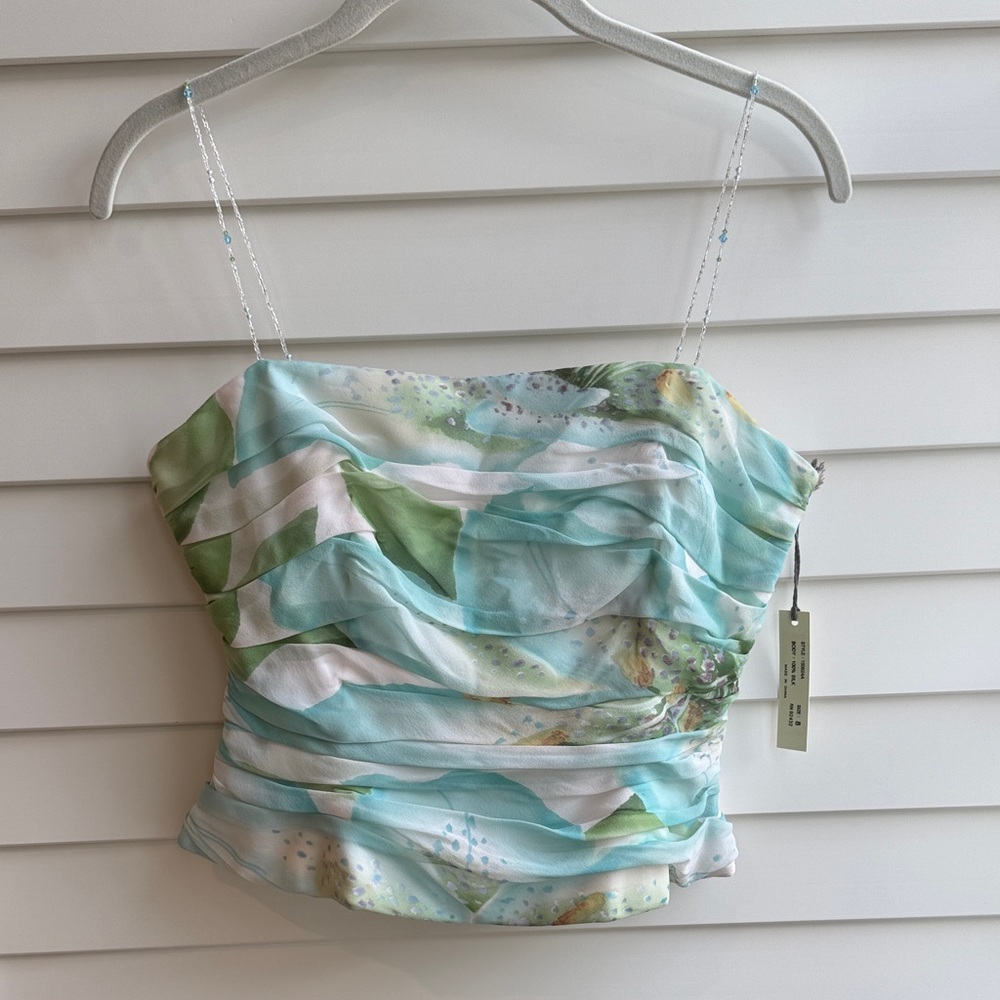 Kay Unger Petites | Silk Chiffon Ruched Bustier Camisole Top | Floral | 8P | NWT